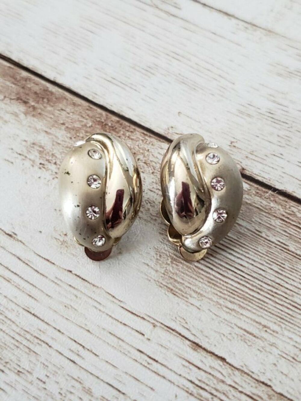 Vintage Clip On Earrings Matte Gold Tone & Mirrored Gold Tone with Clear Gems